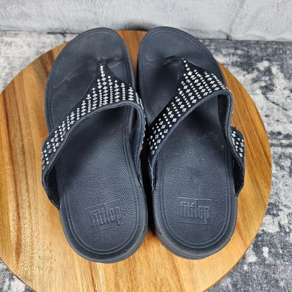 FitFlop Novy Navy Studded Thong Flip Flop Wedge Slip On Women Sandal Size 8
